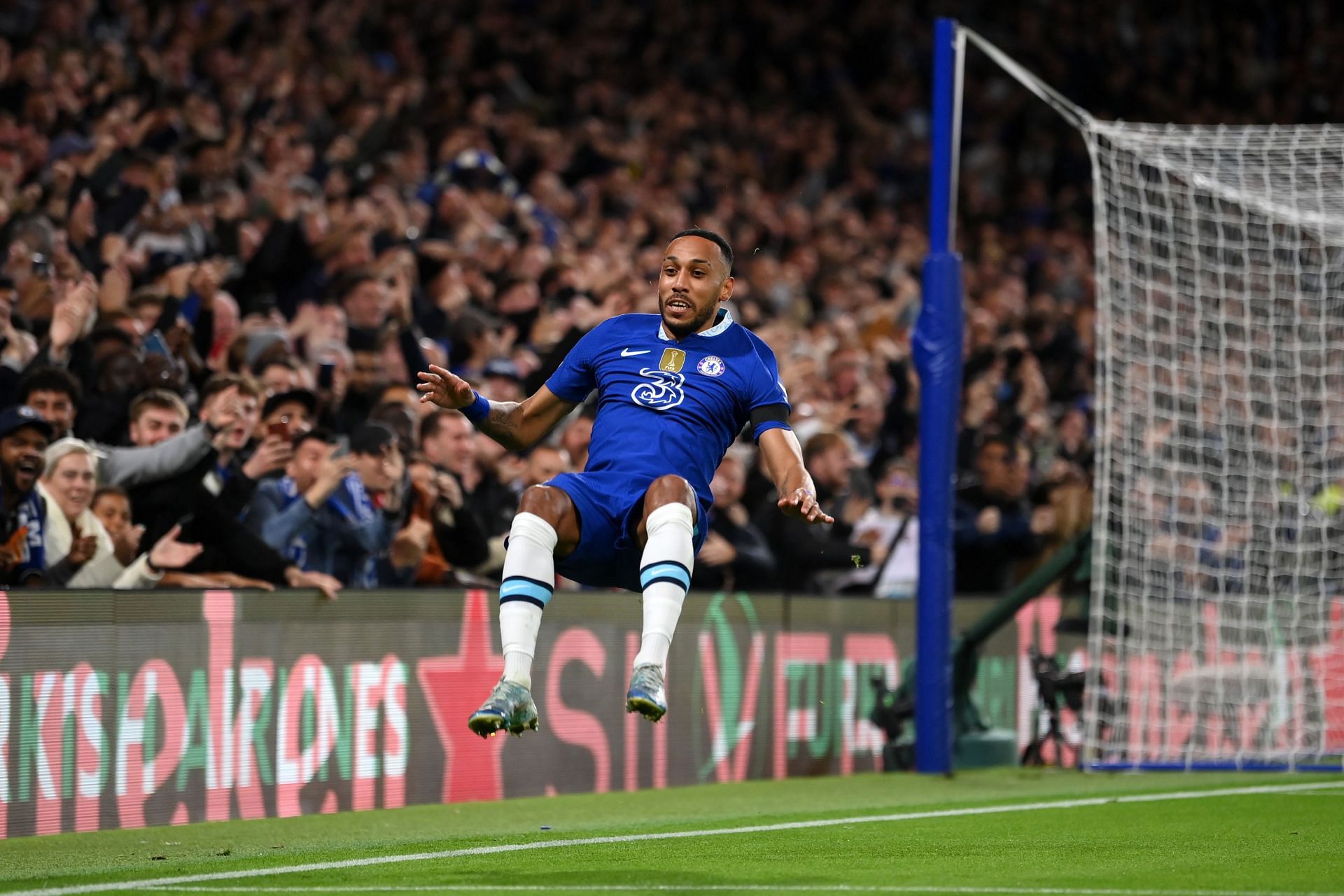 Pierre-Emerick Aubameyang celebrates after scoring Chelsea's second goal against AC Milan.